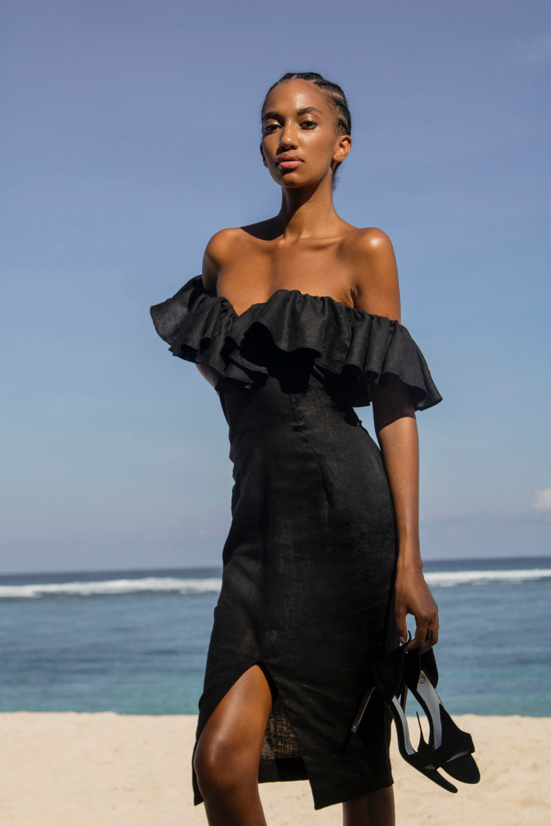 frilly black dress Lou Lou Ruffle candy_pink Miss Rosario Black on Size:36 - READY TO SHIP